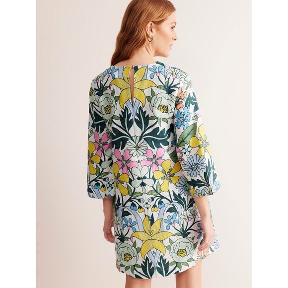 New Boden Flare Linen Floral Mini Dress Green White Back Button 3/4 Sleeve Sz 10 - Picture 5 of 14